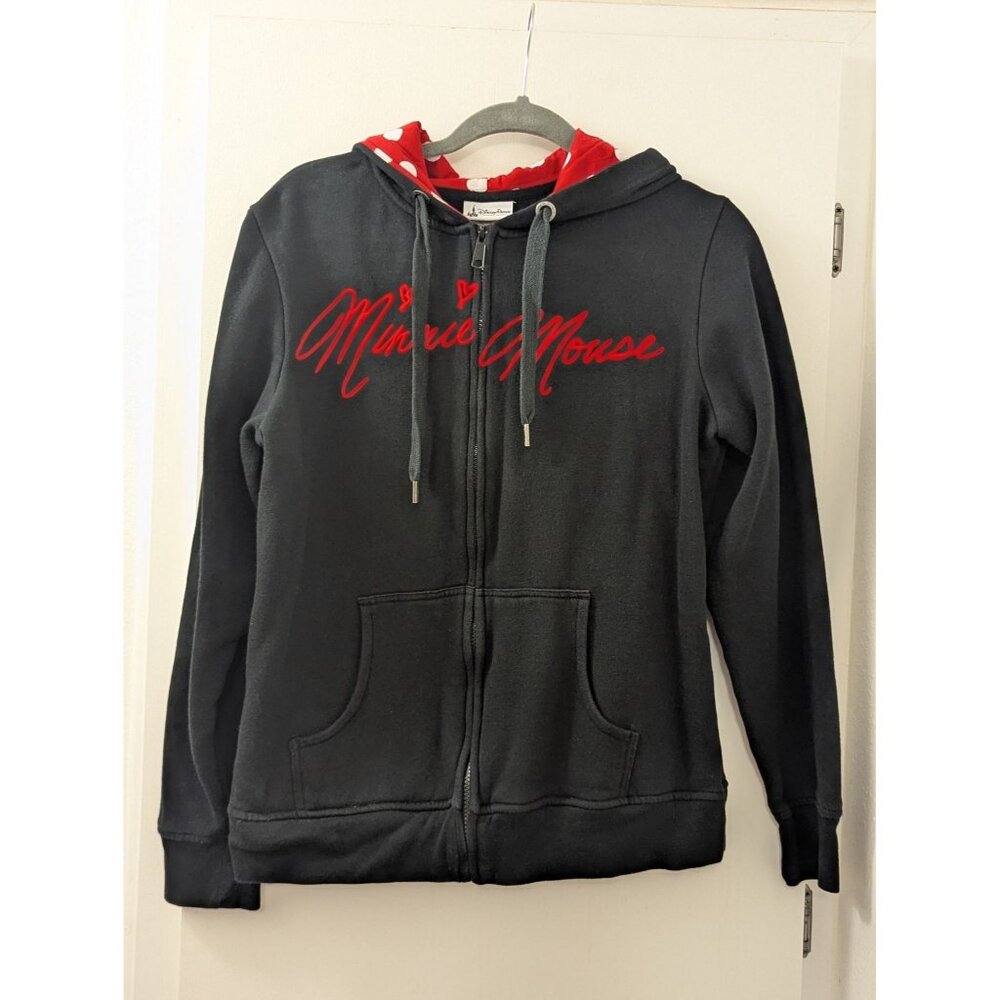 Minnie Mouse Disney Parks Black Zip-Up Hoodie With Polka Dot Bow & Ears Red Lini